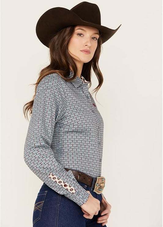 Women's Long Sleeve Light Blue Print Shirt - STYLE MSW9165037