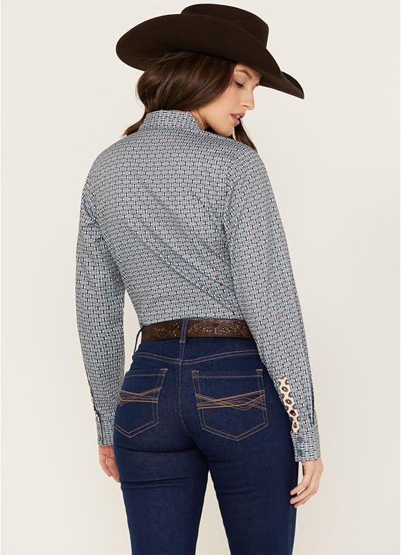 Women's Long Sleeve Light Blue Print Shirt - STYLE MSW9165037