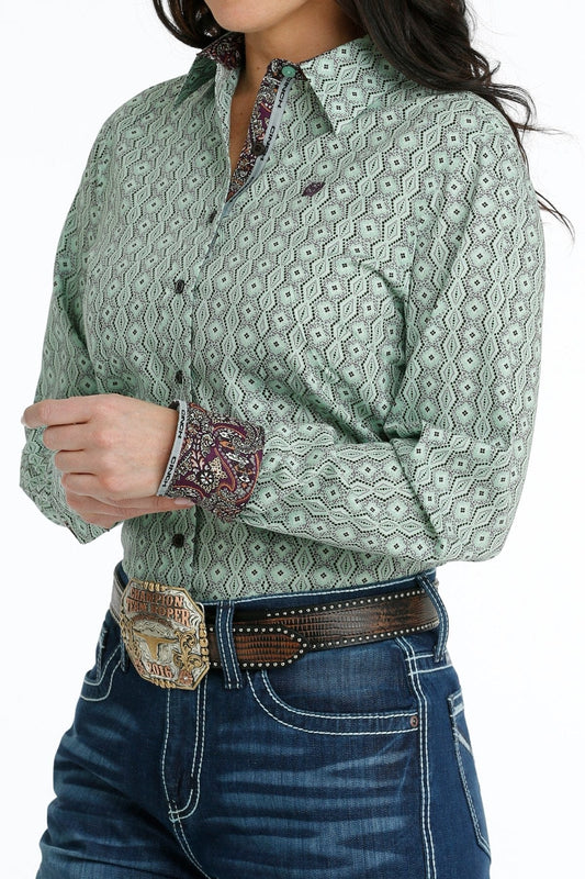 Women's Green Western Printed Button Down Shirt MSW9165043