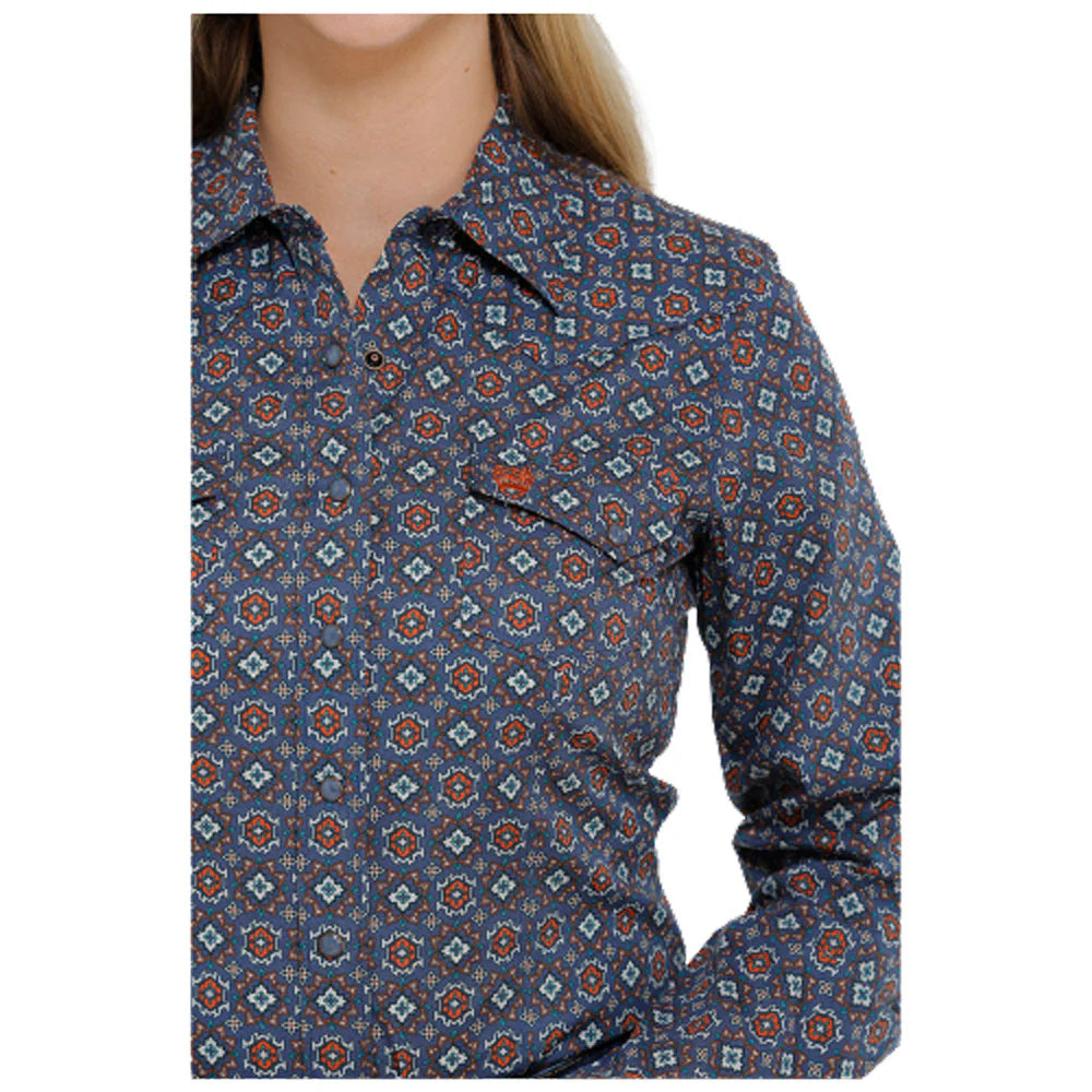Women's Long Sleeve Button Shirt - Blue Print - STYLE MSW9201035
