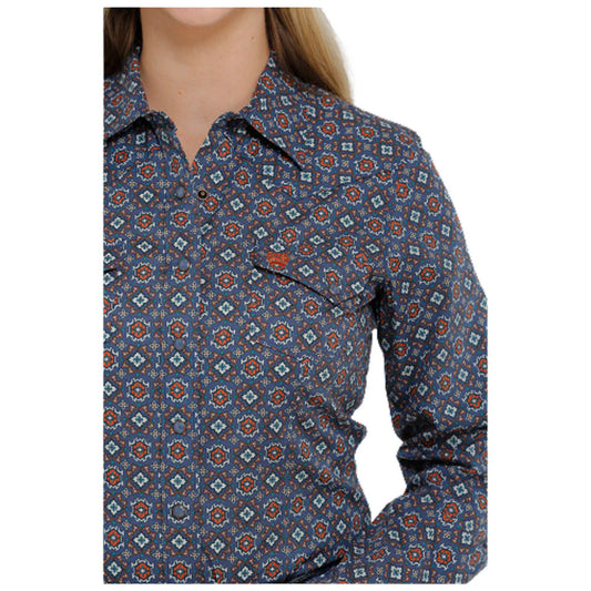 Women's Long Sleeve Button Shirt - Blue Print - STYLE MSW9201035