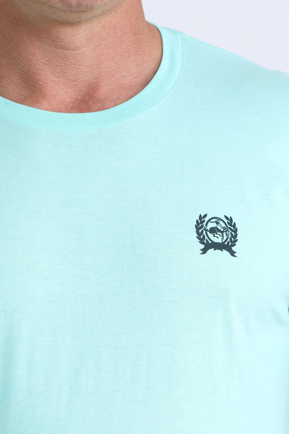 Light blue crew neck t-shirt with small black crest logo on chest
