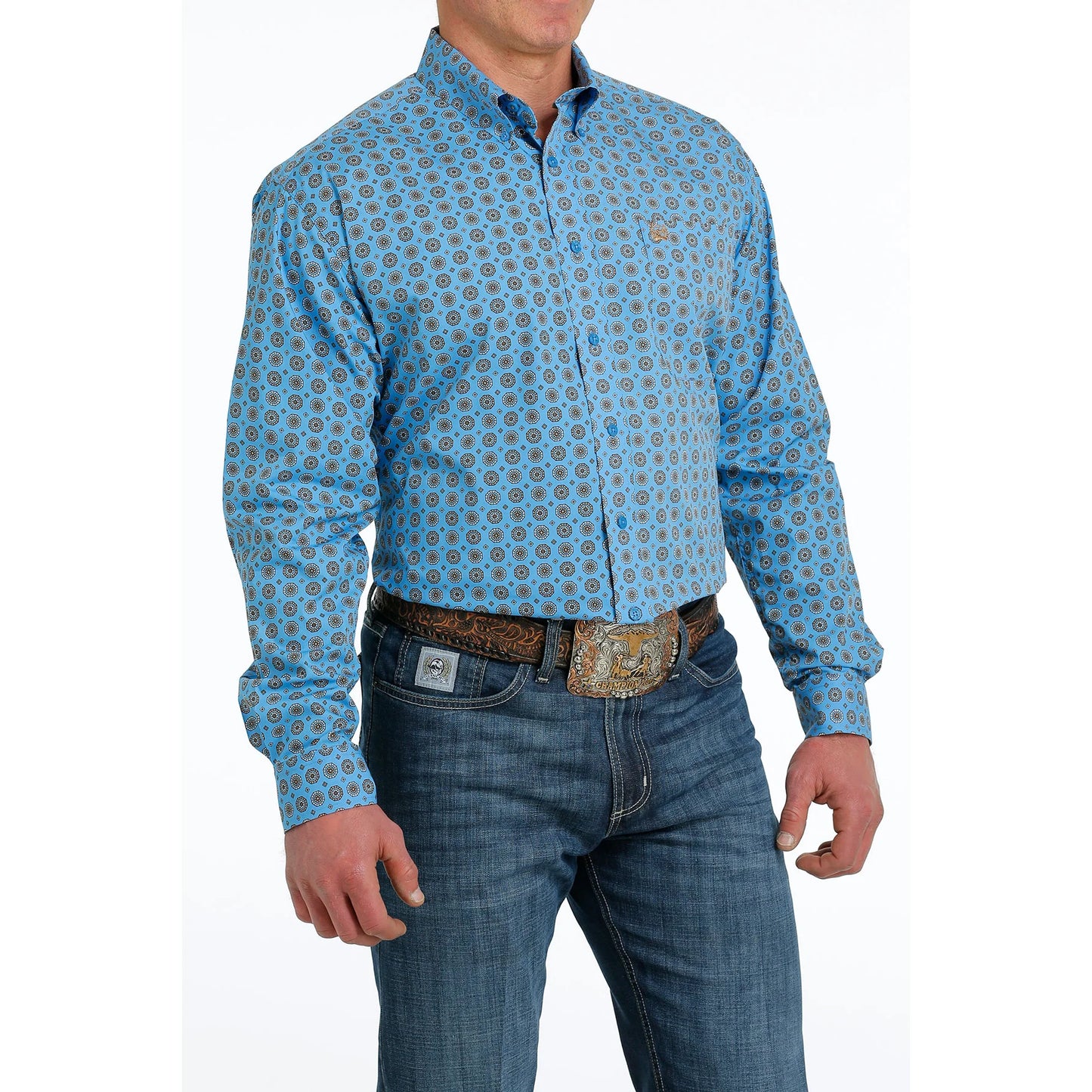 Men's Geometric Blue Button Down Shirt MTW1105539