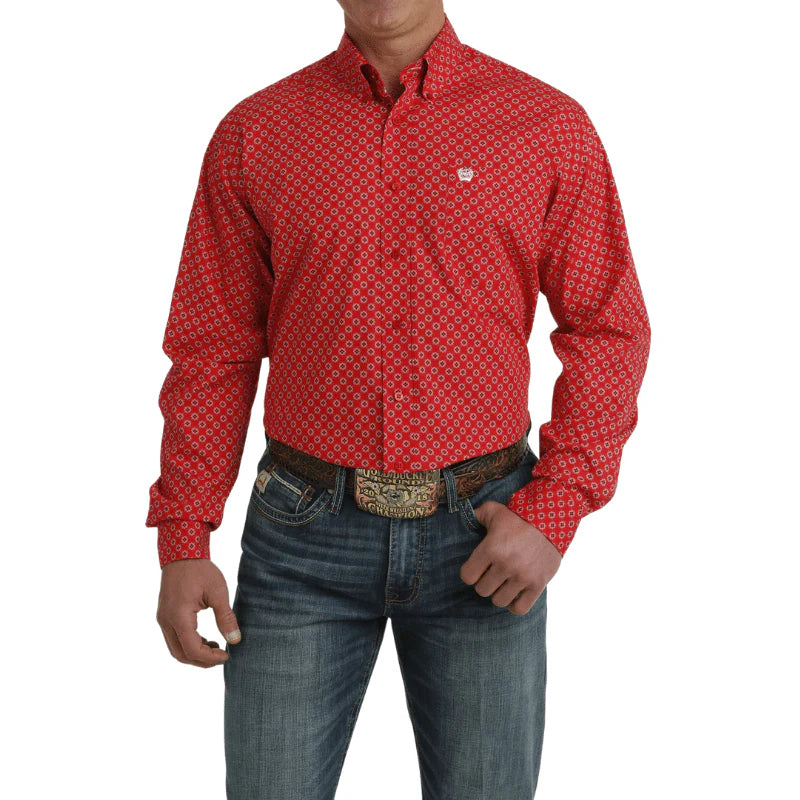 Men's Red Medallion Print Long Sleeve Button Down Western Shirt - MTW1105727