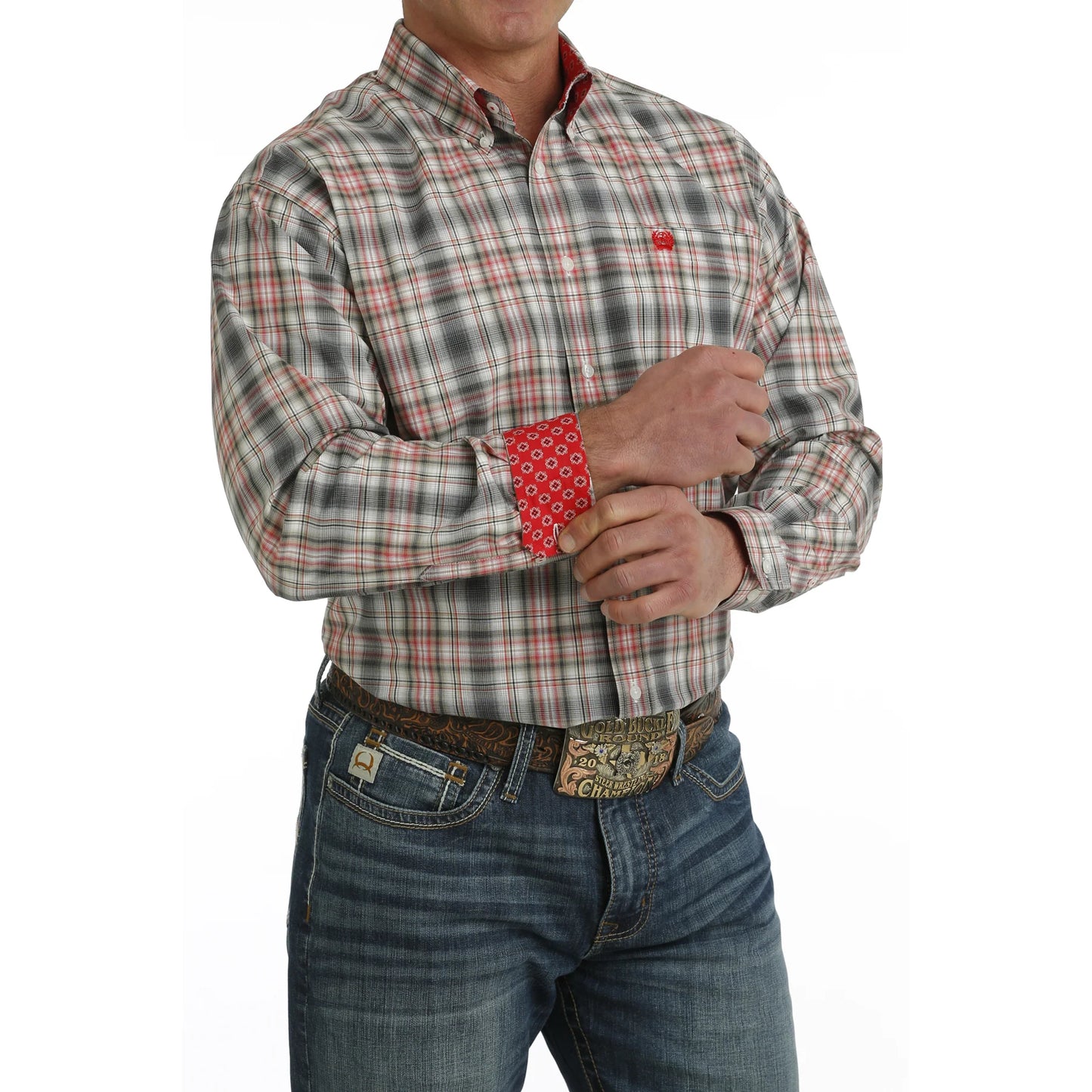 Men's White & Red Plaid Button Down Shirt - MTW1105728