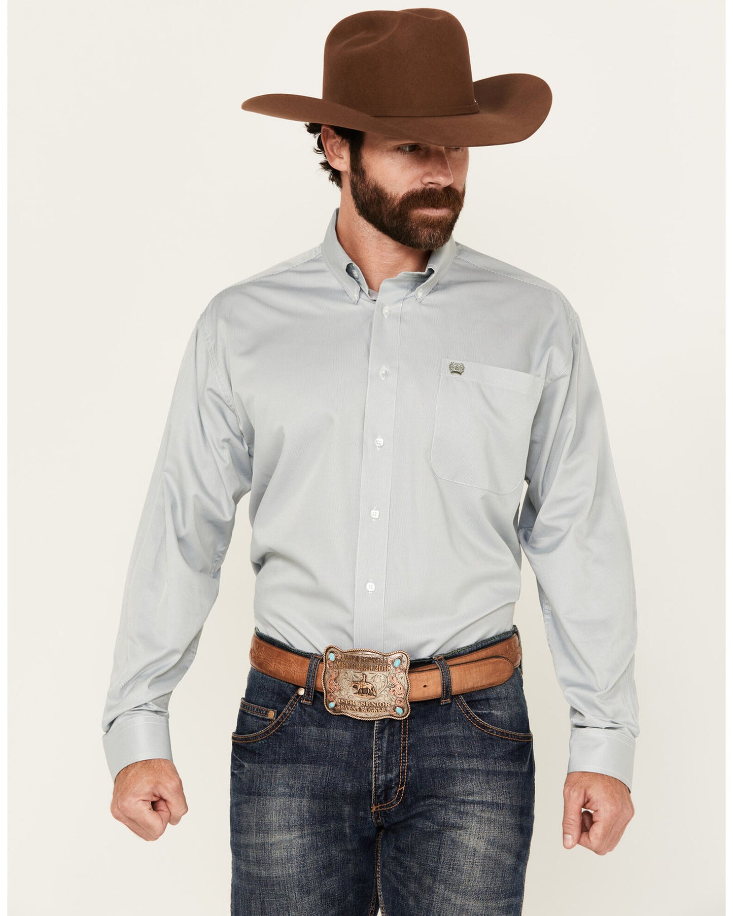 Men's Light Grey & White Tencel Stripe Western Shirt - MTW1105814