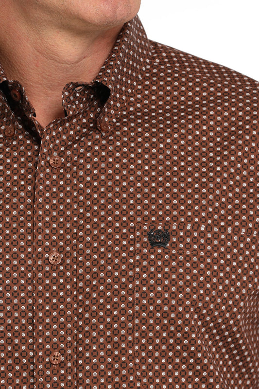 Men's Geometric Print Button Down Western Shirt - Brown - MTW1105835