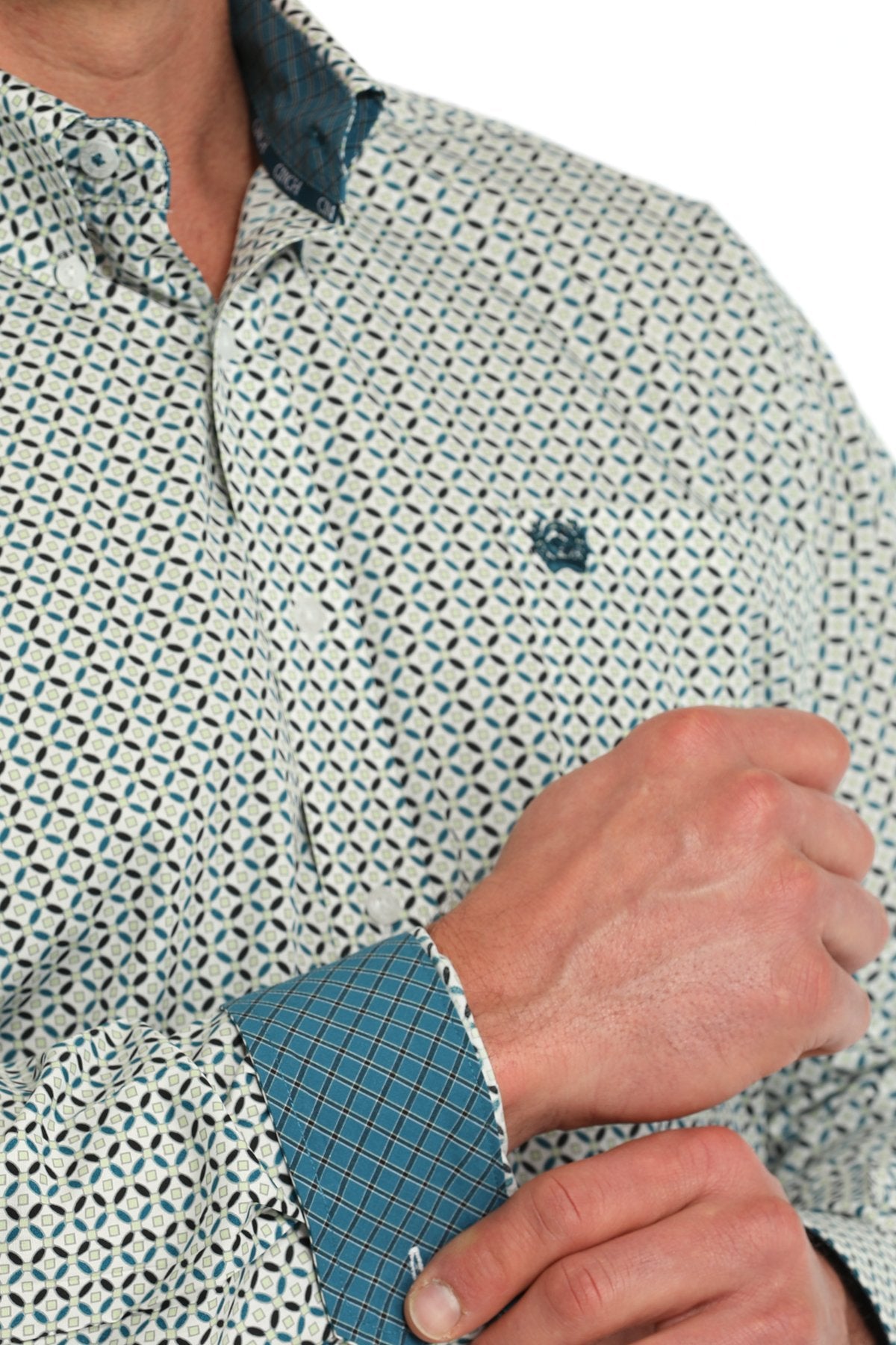 Men's Geometric Print Button Down Western Shirt - White - MTW1105863