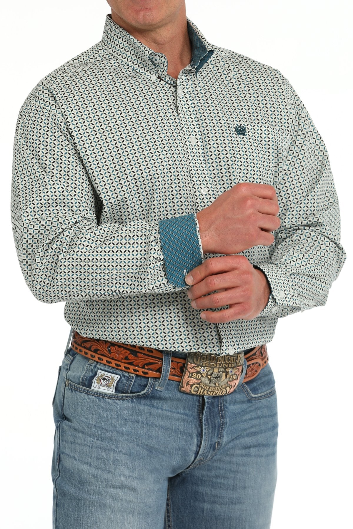 Men's Geometric Print Button Down Western Shirt - White - MTW1105863