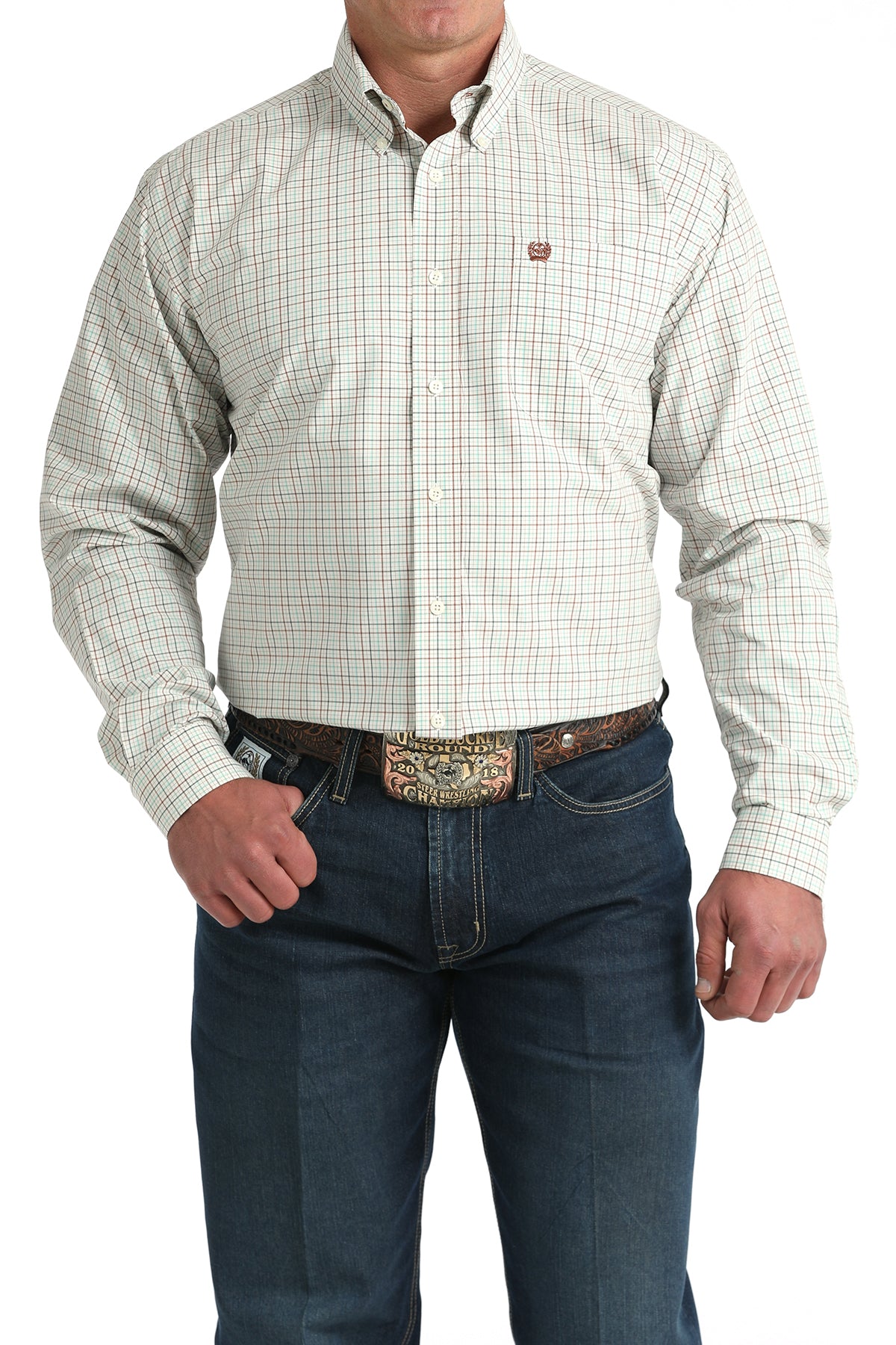 Men's western plaid button-down shirt with embroidered logo, paired with blue jeans and a tooled leather belt.
