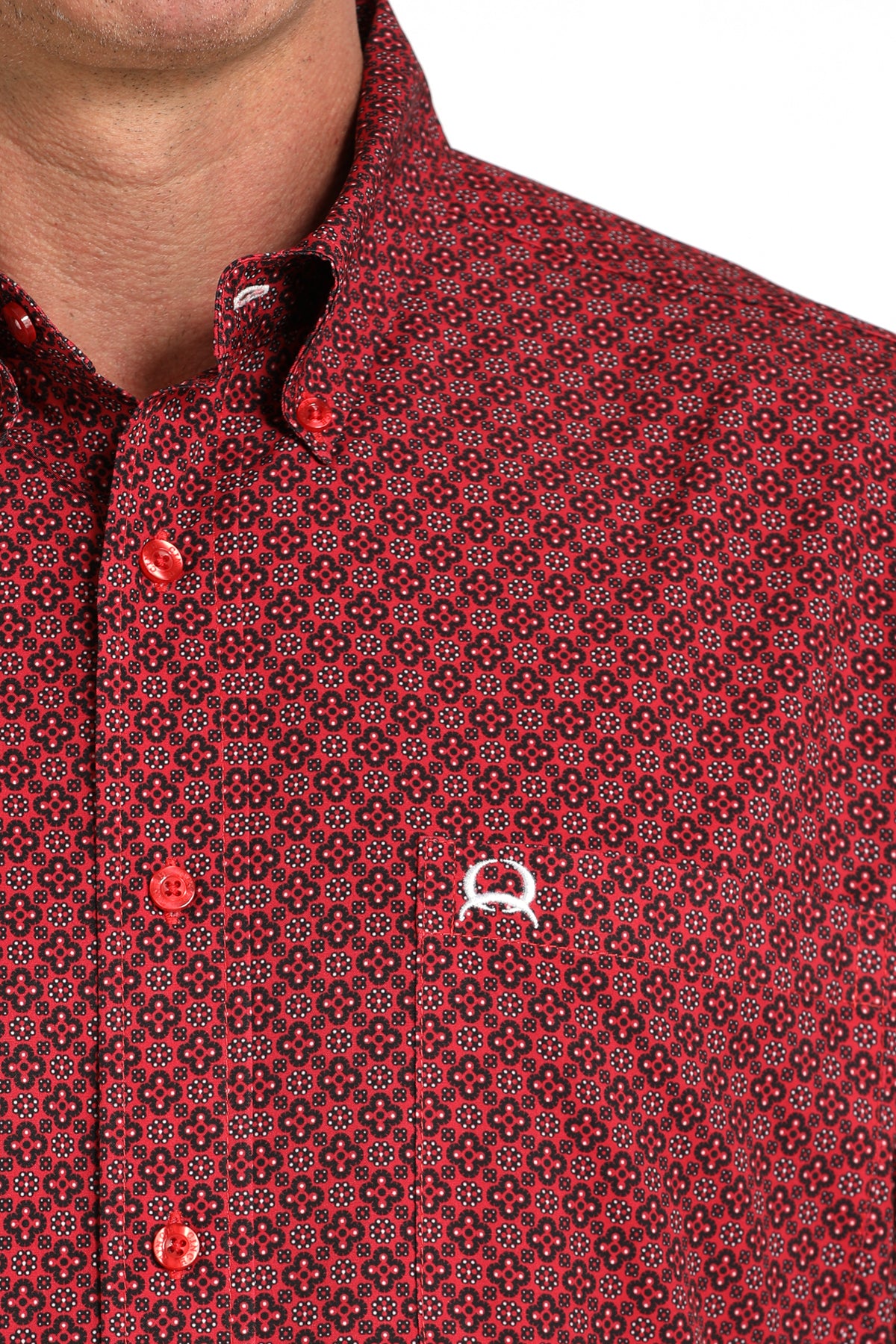 Men's Short Sleeve Geometric Print Button-Down Western Shirt - Red
