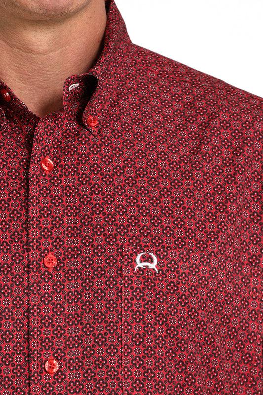 Men's Short Sleeve Geometric Print Button-Down Western Shirt - Red
