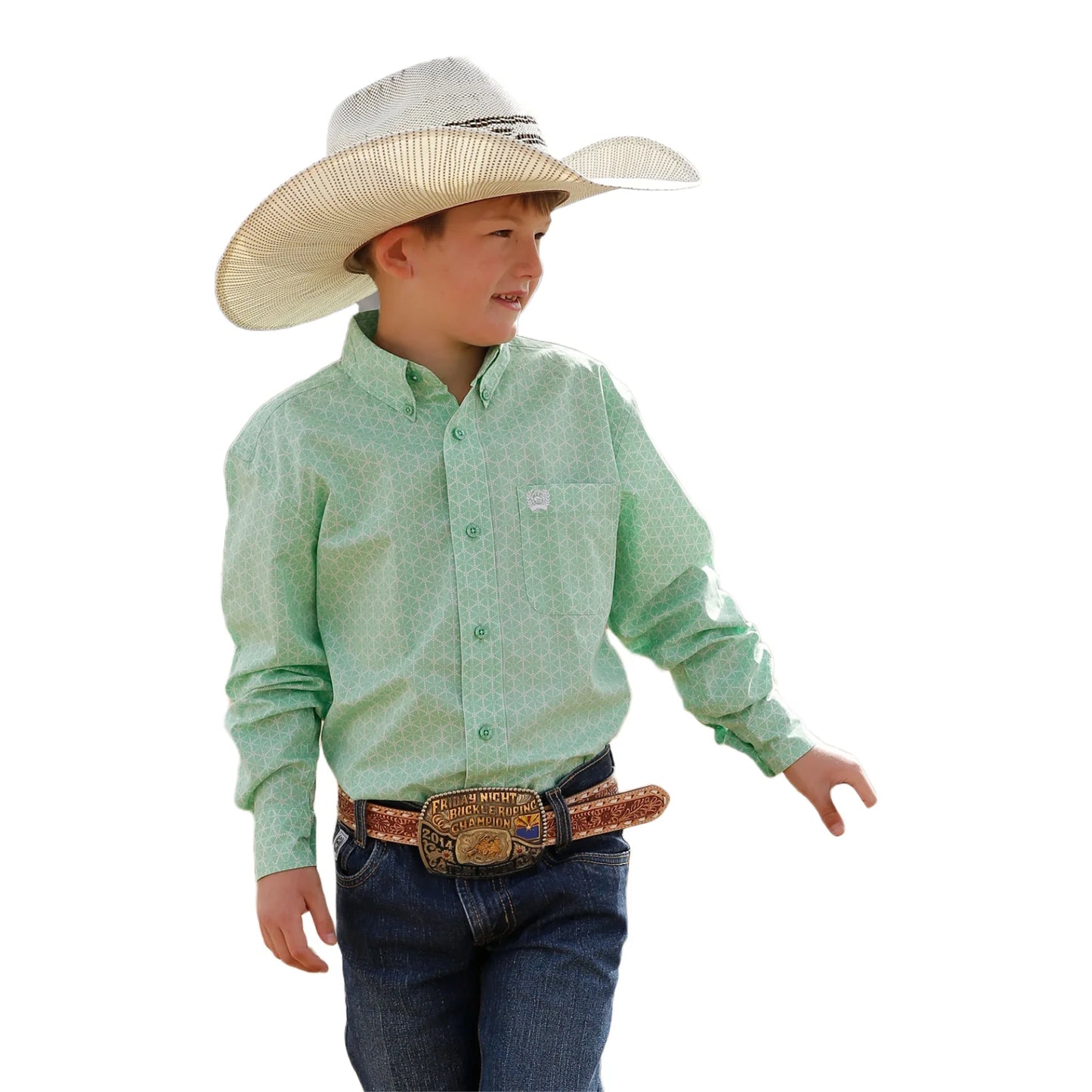 Youth Boy's Green Diamond Print Button Down Shirt - MTW7060310