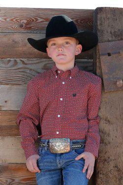 Boys' Red Geometric Print Button-Down Western Shirt - MTW7060361