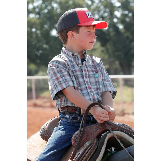 Youth Boy's Red & Gray Plaid Print Button Up Shirt MTW7140030