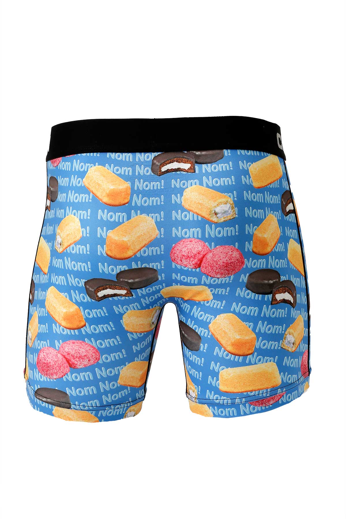 Blue boxer briefs with snack cake and treat print, repeating 'Nom Nom!' text design