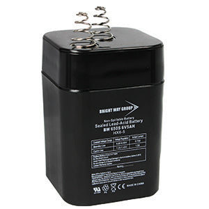 Black sealed lead acid battery with dual metal springs and product label on white background