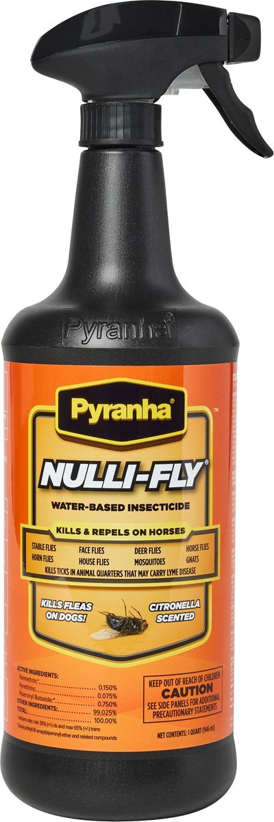 Pyranha Nulli-Fly 32oz water-based insecticide spray bottle for horses, citronella scented