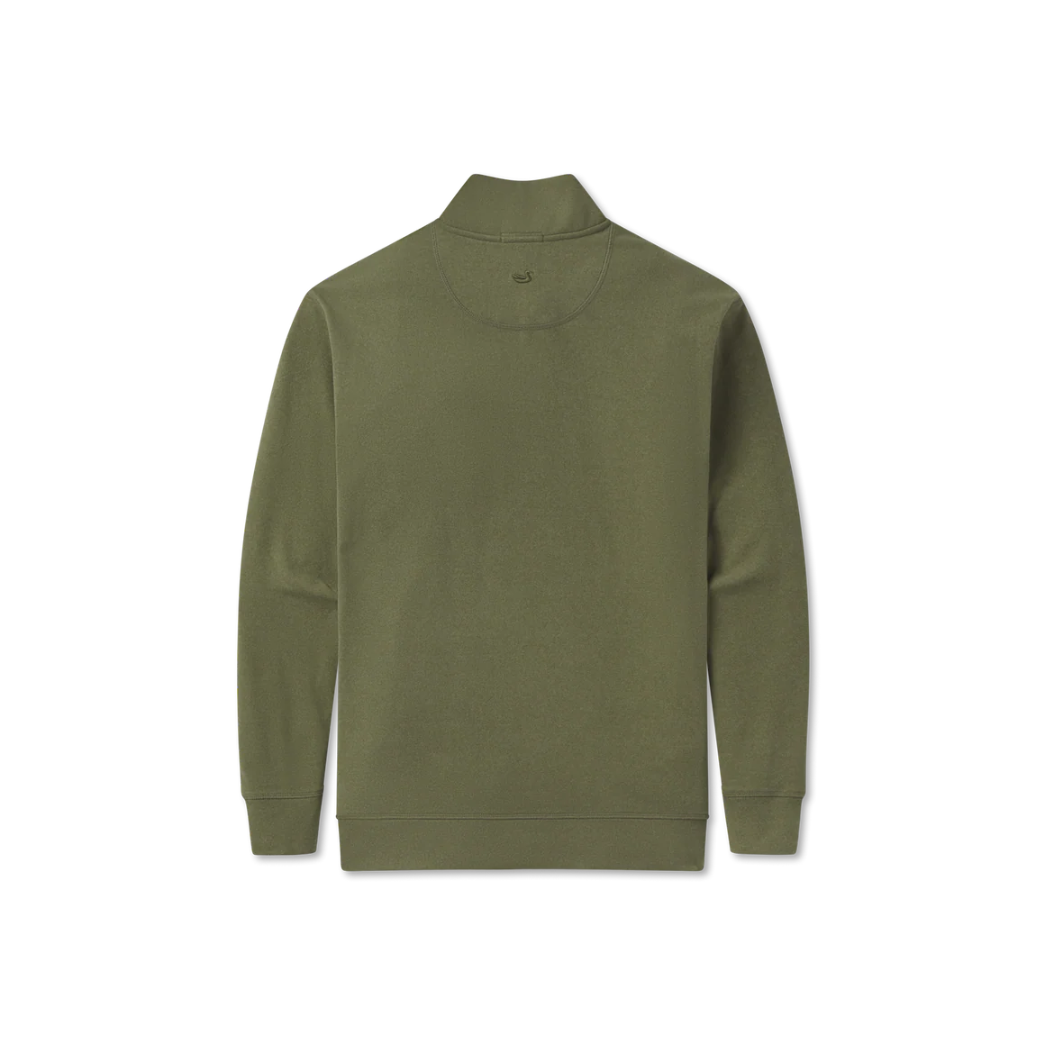 Back view of olive green long sleeve pullover jacket with mock neck