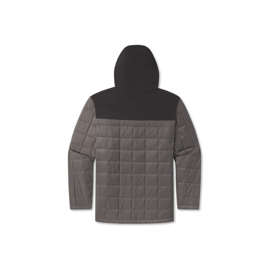 Men's grey insulated quilted jacket with hood, rear view, outdoor apparel
