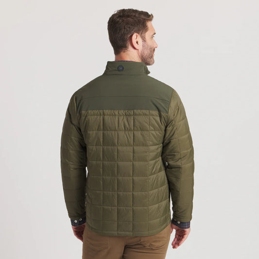 Man wearing olive green quilted jacket, back view, casual outdoor apparel