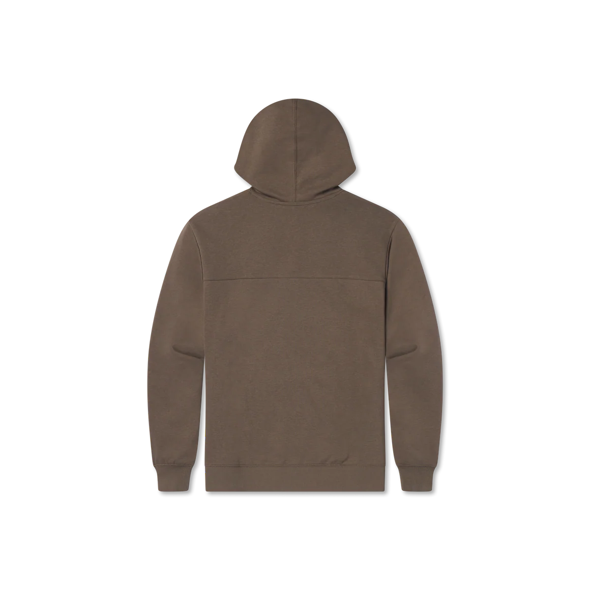 Back view of brown hooded sweatshirt, plain design, long sleeves, casual outerwear