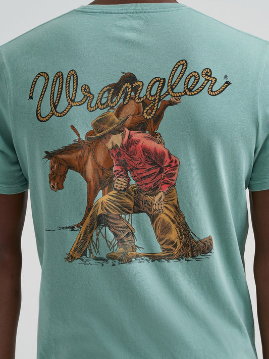 Teal t-shirt with a cowboy graphic and 'Wrangler' branding on the back.