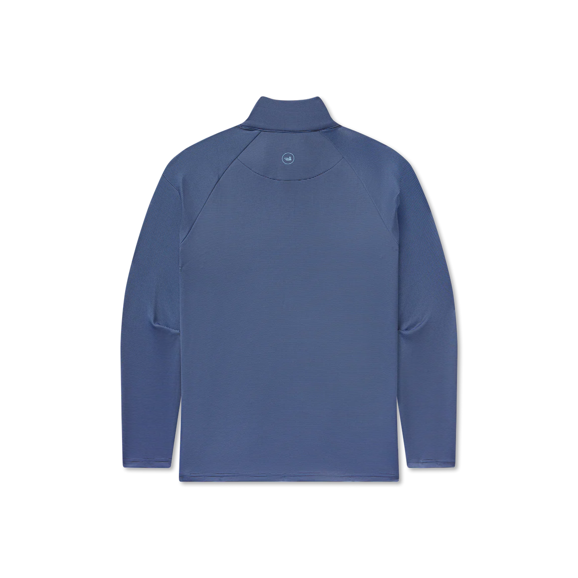Back view of a blue long sleeve pullover with high collar on black background