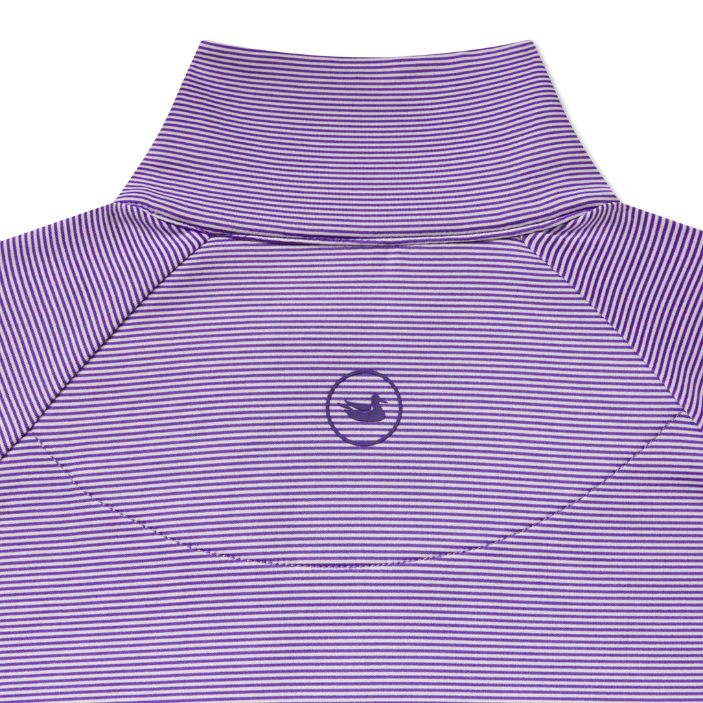 Purple and white striped quarter zip pullover back with duck logo detail