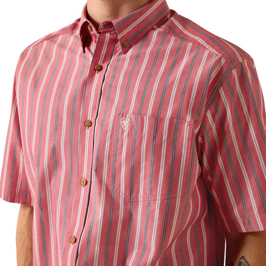 Red and white striped shirt with a brand logo on a white background