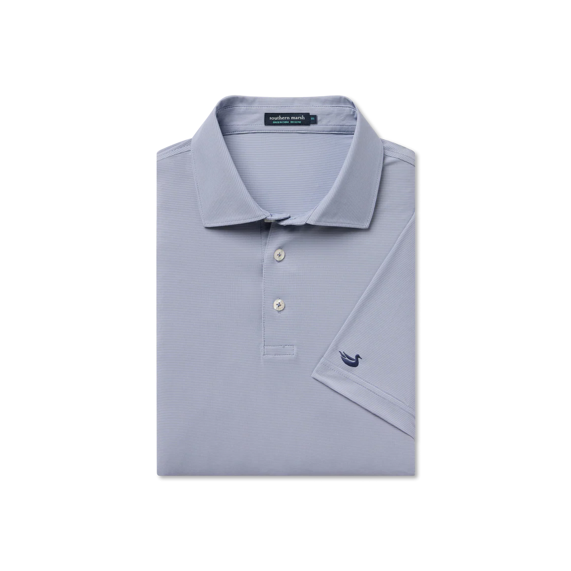 Folded light gray polo shirt with a small logo on a white background