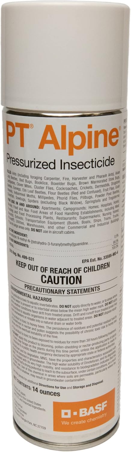 PT Alpine pressurized insecticide aerosol can, BASF logo, with usage and safety instructions