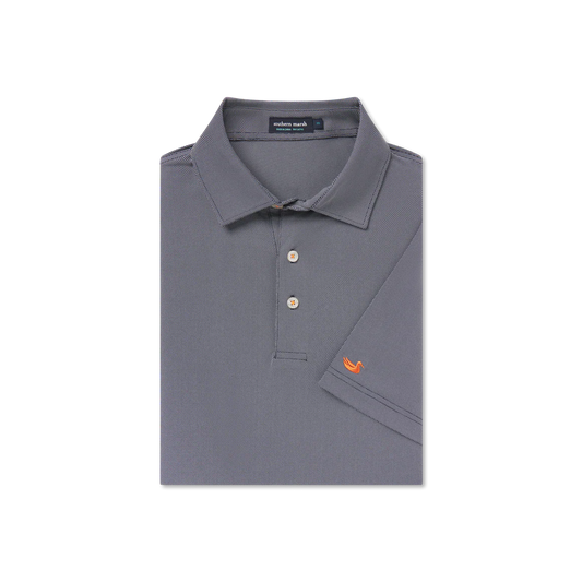 Folded navy blue polo shirt with button collar and orange duck logo on sleeve
