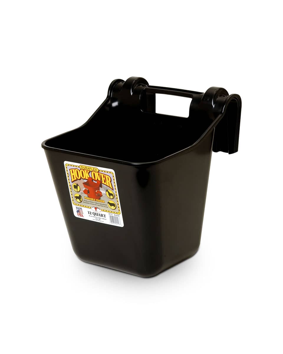 Black plastic hook over feeder bucket with handle and label, 12 quart size.