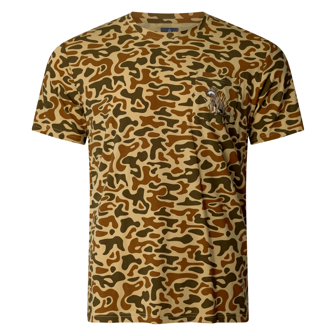 Brown and tan camo t-shirt with bamboo pocket graphic on chest, outdoors style