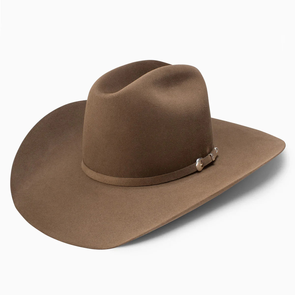 Brown felt cowboy hat with wide brim and hatband on white background