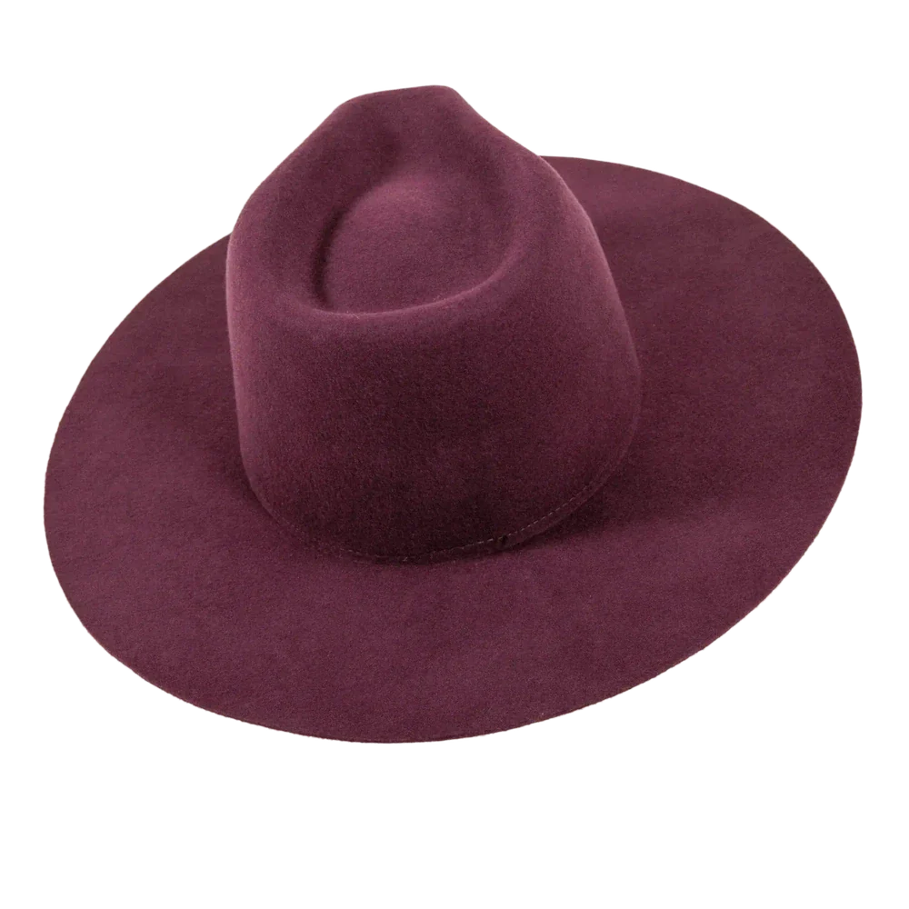 Plum felt fedora hat with wide brim and classic rancher style