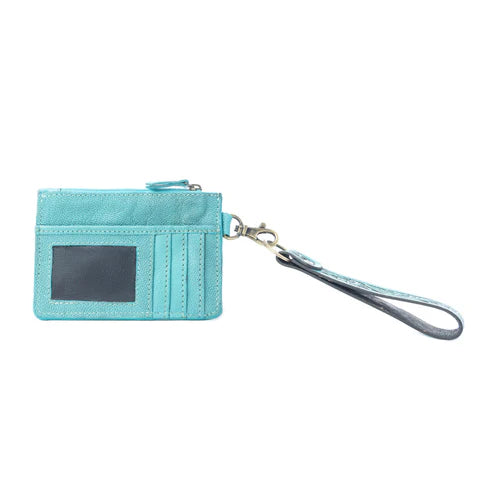 Myra Sage River Handtooled Hairon Leather Card Holder in Frontier Aqua