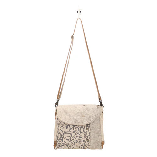 Myra Factual Hairon Leather Messenger Bag – Swirl Canvas, White Hairon Flap, Rustic Straps for Everyday Western Style