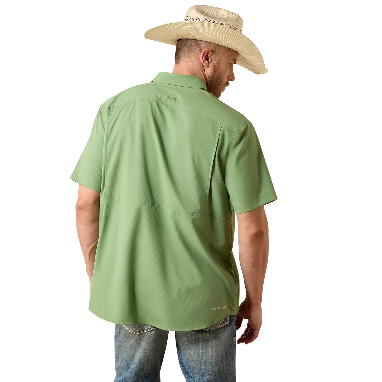 Man wearing a green shirt and cowboy hat on a white background