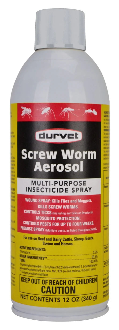 Durvet Screw Worm Aerosol multi-purpose insecticide spray can for livestock, 12 oz