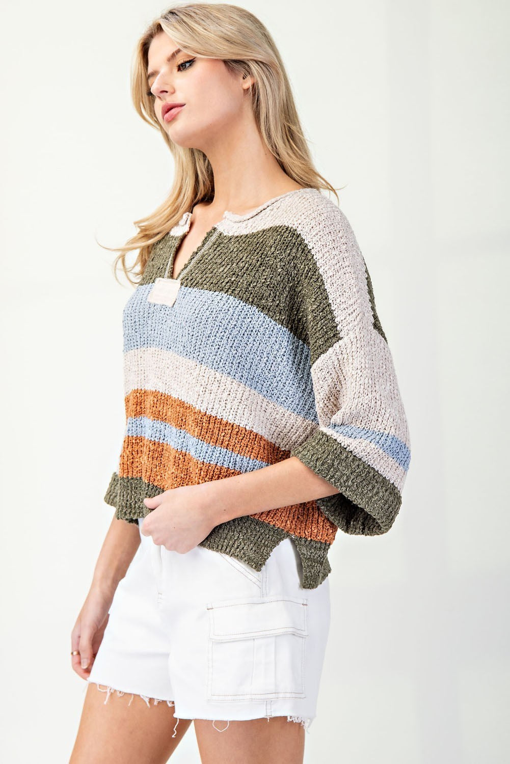 eesome - Striped Notched Collar Top