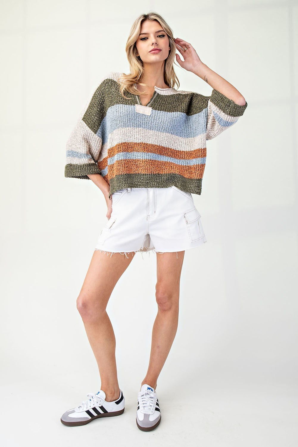 eesome - Striped Notched Collar Top