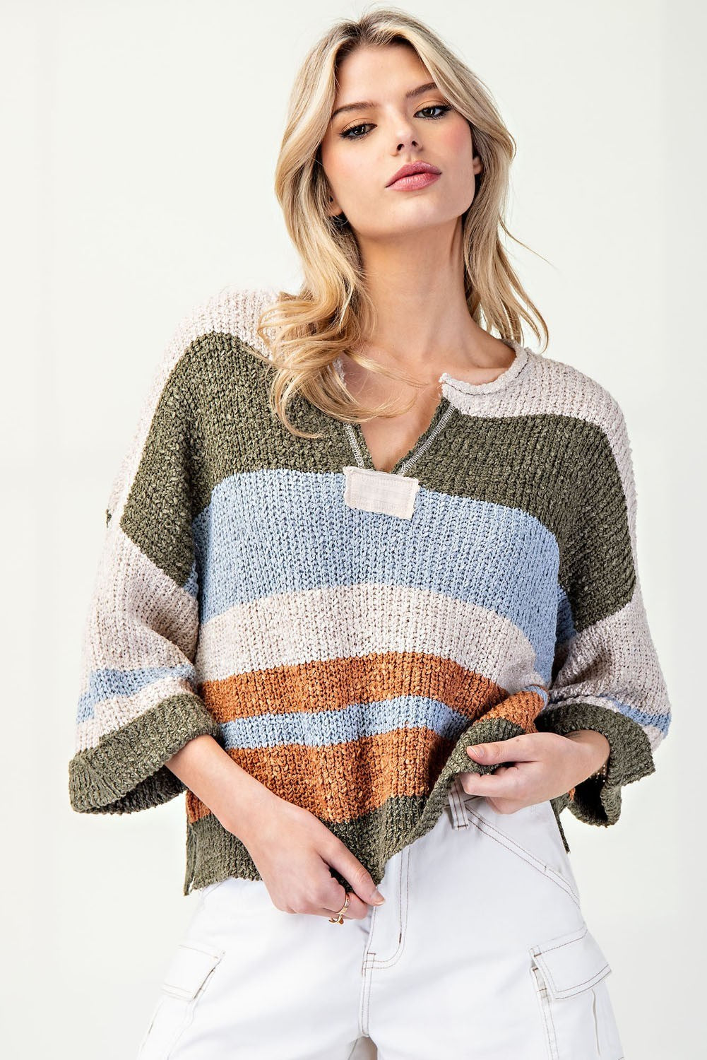 eesome - Striped Notched Collar Top