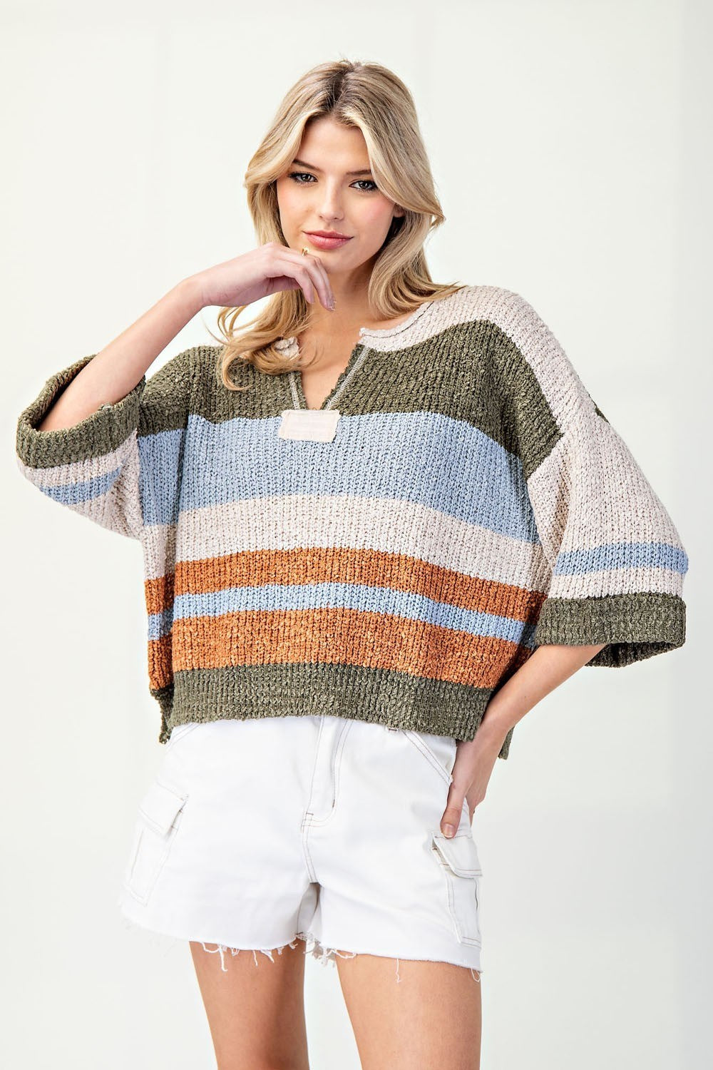 eesome - Striped Notched Collar Top