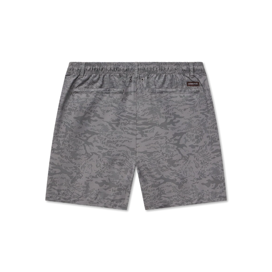 Gray camouflage shorts on a white background