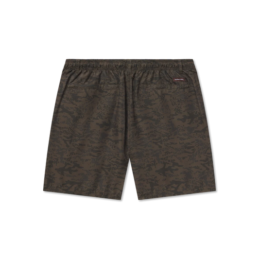 Brown shorts with a drawstring on a white background