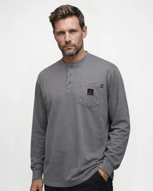 Man wearing a gray long-sleeve henley shirt with a brand logo on a white background