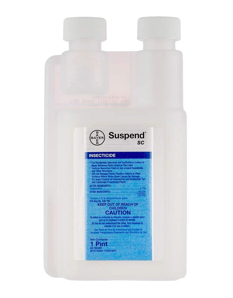 Clear plastic bottle of Suspend SC insecticide with dual measuring chambers and blue label