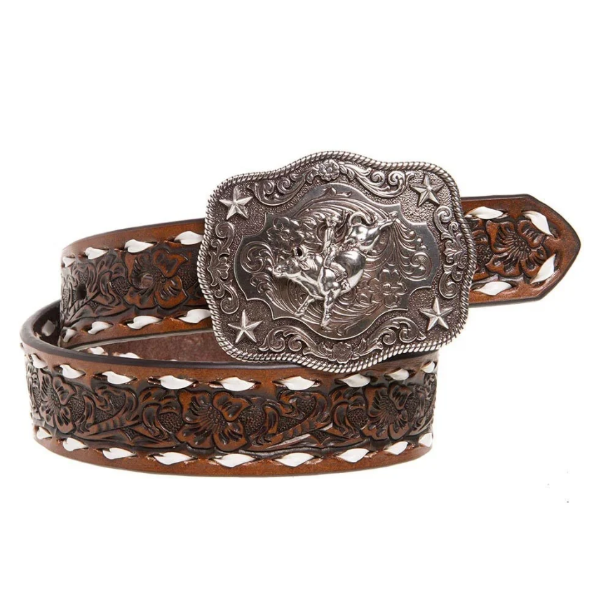 Nocona Boys Floral Embossed Bull Rider Buckle Lacing Belt - N4436208